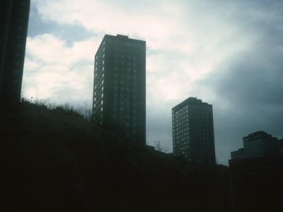 View of multistorey blocks on Belville Street