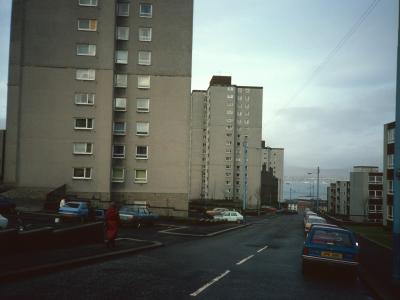 View down Ann Street of Broomhill Court, Prospecthill Court, and Whinhill Court