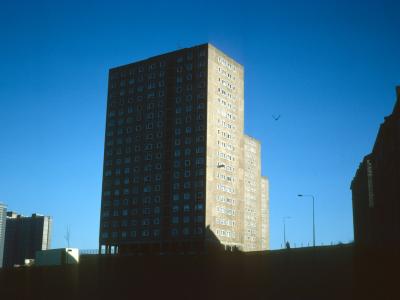 View of Coll Place 18-storey blocks with Red Road blocks in background