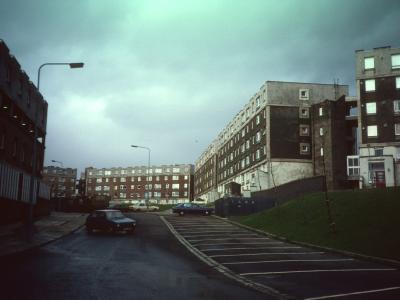 View of multi-storey blocks on Darnley Estate