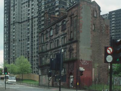 View of derelict Stirlingfauld Place blocks
