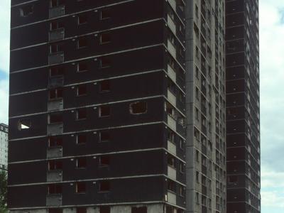 View of derelict Stirlingfauld Place blocks