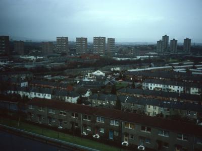 General view of Pollokshaws developments with Unit 2 - Shawbridge Street area - on left of image and Unit 1 - Birness Drive blocks - on right