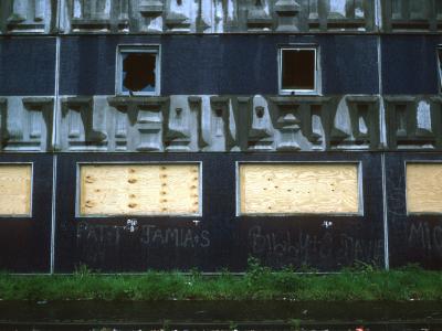 View of condedmned 7-storey block
