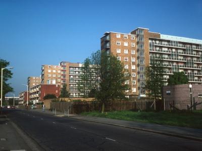 View of Grahame Tower, Meredith Tower, and Conrad Tower from Bollo Bridge Road