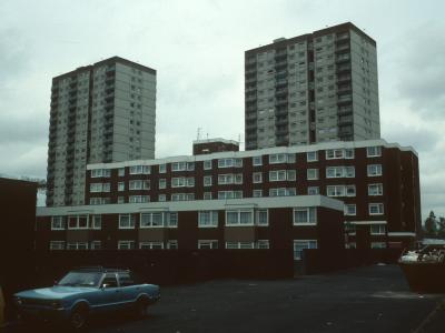 View of two 20-storey blocks in background with Kirkstead Court in foreground