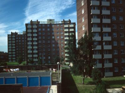 View of all three blocks from Whitehall Street with Ermine House in foreground and Charles House in background