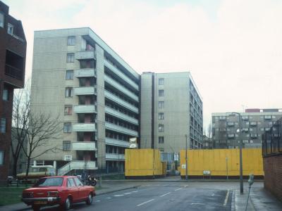 View of Kendall House on Priory Green Estate from Cumming Street