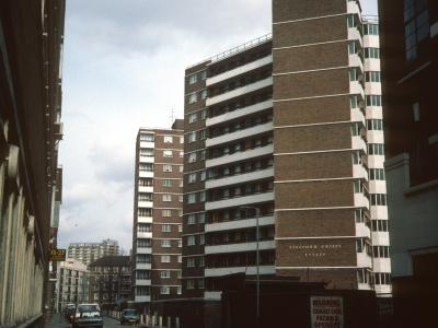 View of 12-storey blocks on Stafford Cripps Estate from Gee Street