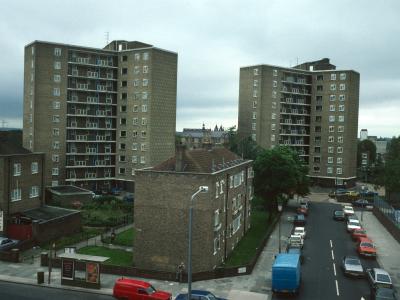 View of Raymede Gardens (on left) and Taverton Towers (right) from Ladbroke Grove