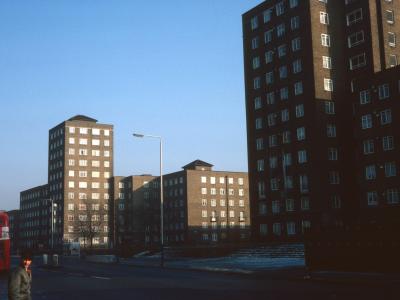 View of development looking North from Wandsworth Road with Walden Court on right and Tillotson Court on left
