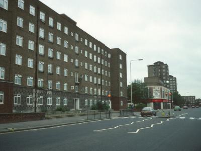 View of Temple Court, looking South down Wandsworth Road with Tillotson Court and Walden Court visible in background