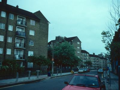 View from Lambeth Walk of Longton House on left and Poole House on right of photo