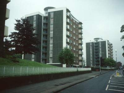 View of both 9-storey blocks looking South down Wood Vale