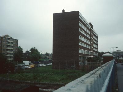 View of 8-storey block on Trundleys Terrace from footbridge