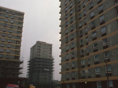 View of three 15-storey blocks on Fife, Totnes and Exeter Roads development