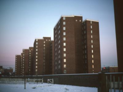 View of 12-storey blocks from Romford Road