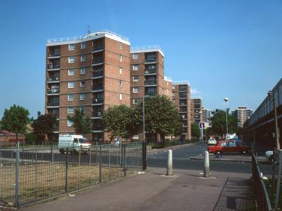 View of three 8-storey blocks on Walton Road with Stuart Rainbird House in background