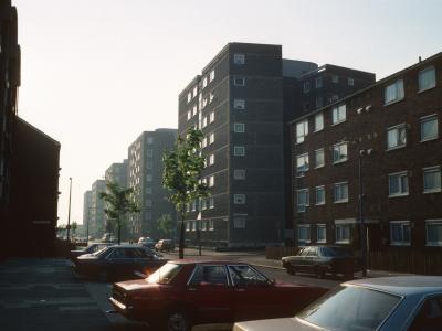 View of 8-storey blocks on Woodman Street with Shaw House in foreground