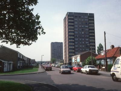 View of Kipling Tower and Dryden Tower from Heaton Avenue