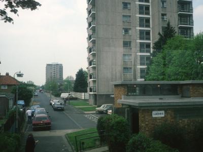 View of Harding House and Sutcliffe House on Addison Way