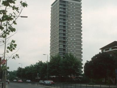 View of 21-storey block on Dickens Estate