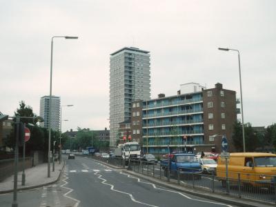 View of Block 13 (Arnold Estate) from Jamaica Road with Lupin Point and Casby House in background