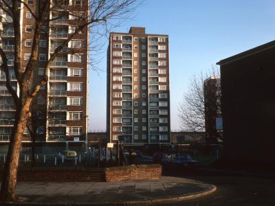 View of Landmann House in centre and Trevithick House on left of image