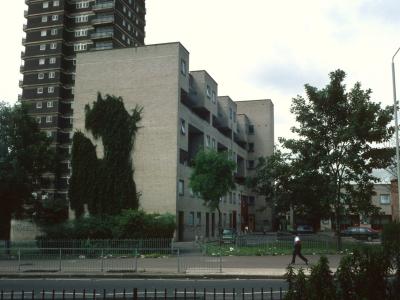 View of one 6-storey block with Pauline House in background