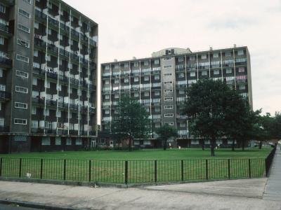 View of both 10-storey blocks from Squirries Street/Florida Street: Johnson House on left