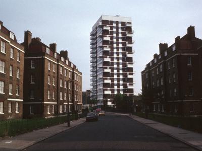 View of 17-storey block looking North up Carr Street