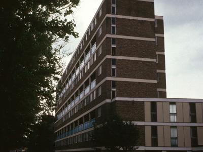 View of 8-storey block looking East down Mile End Road