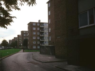 View of 6-storey blocks with Biscay house in foreground