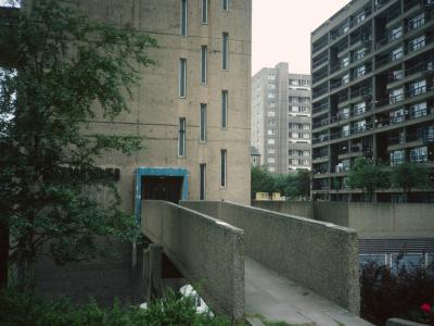 View of Carradale House (right) with North side of Balfron Tower in foreground and Glenkerry House in background