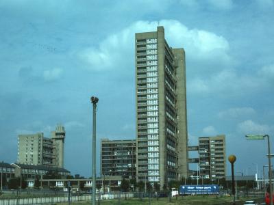 View of Balfron Tower from South with Carradale House behind and Glenkerry House on right of background
