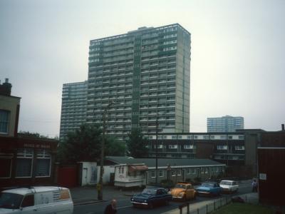 View of 21-storey blocks on Beaumont Road Estate