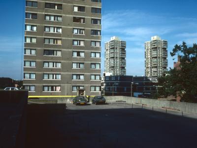 View of Sparkford House and Selworthy House from Surrey Lane with Surrey Lane 21-storey block in foreground