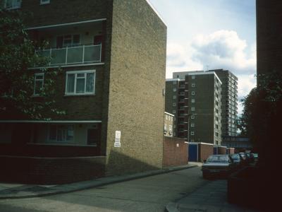 View looking South from Trott Street of Meecham Court and Gaitskell Court in background
