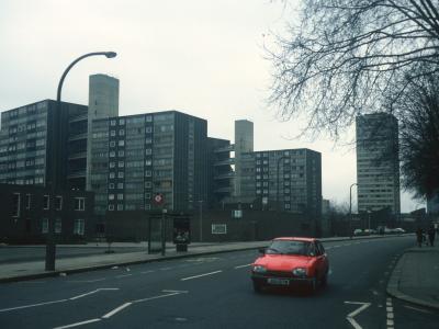 General view of Doddington Estate from Battersea Park Road with Jay Court in background