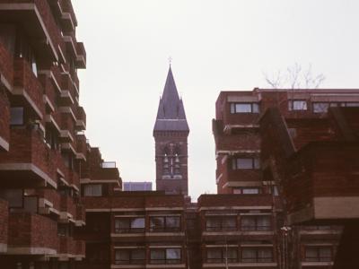 View of South section of Lillington Street Estate with St James the Less Church in background