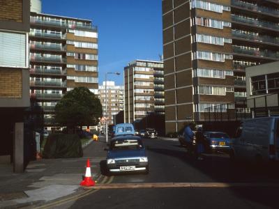 View of 7-storey block on Churchill Gardens Estate