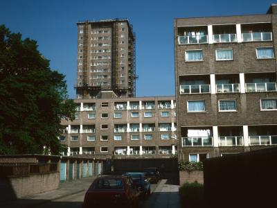 View of 6-storey blocks on Ampthill Square Estate with 21-storey block in background