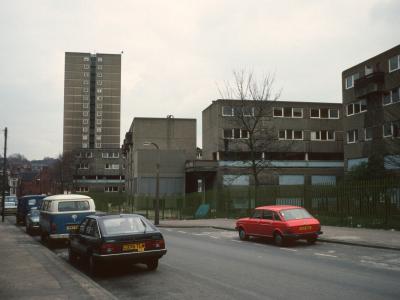 View down Noel Street with High Point in background and 6-storey blocks in foreground