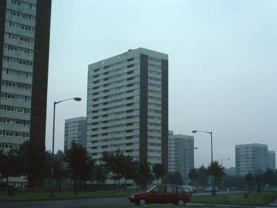 View of two 20-storey blocks with 13-storey blocks in background