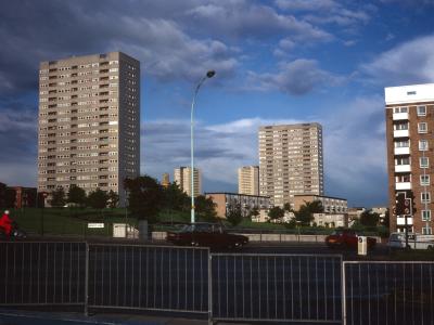 View Northwest from Lee Bank Road of Audleigh House, 20-storey blocks, and The Sentinels in background