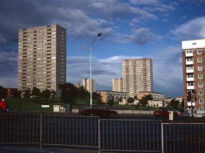 View Northwest from Lee Bank Road of Audleigh House, 20-storey blocks, and The Sentinels in background