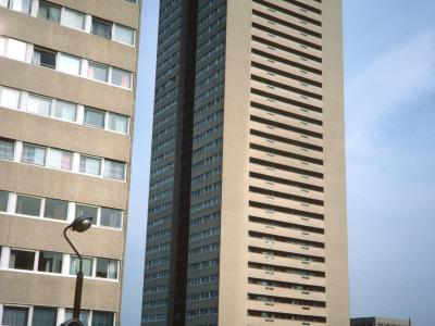 View Northwest from Lee Bank Road of Audleigh House, 20-storey blocks, and The Sentinels in background