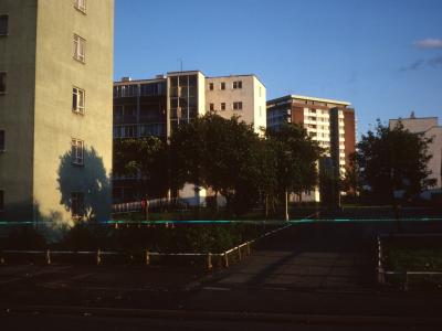 View of 6-storey blocks from Great Lister Street with Elm Tree Tower in background