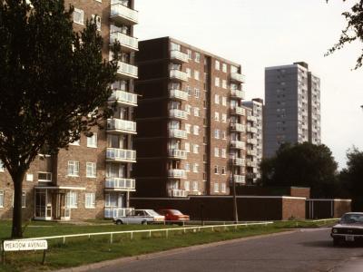 View of one 21-storey block and Aspen House, Beech House, and Willow House