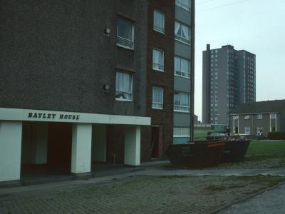 View of Humphries House in background with Bayley House in foreground